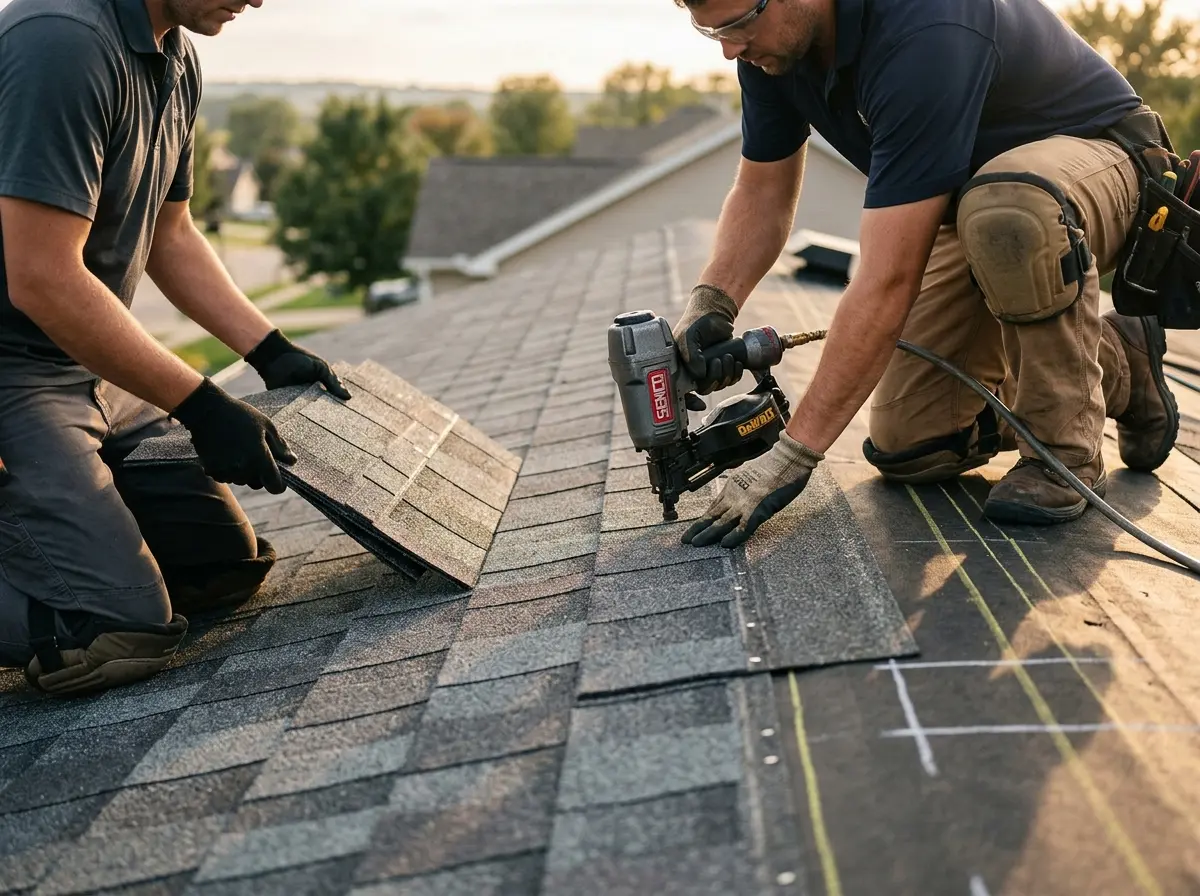 Professional roofer working on a residential roof in Anniston